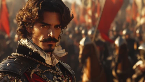 Baroque cavalry commander in ornate cuirass amid battle ranks