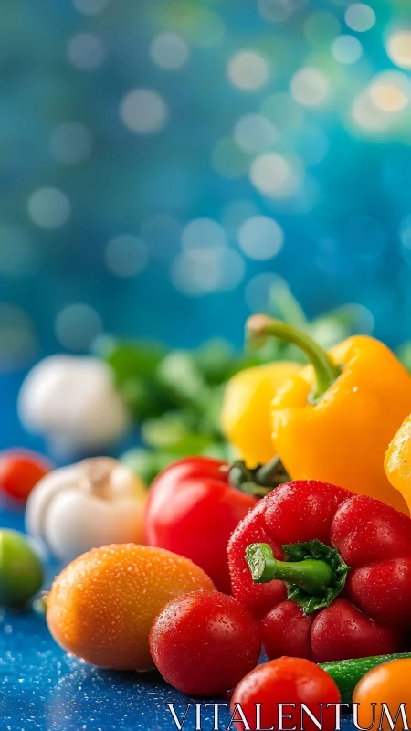 Mixed fresh vegetables on blue surface with bokeh background.