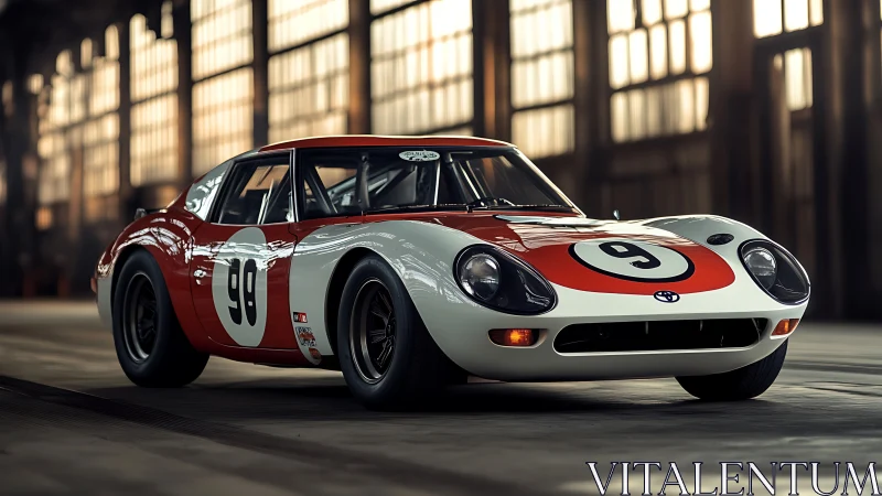 Vintage Toyota race car in sunlit industrial hangar.