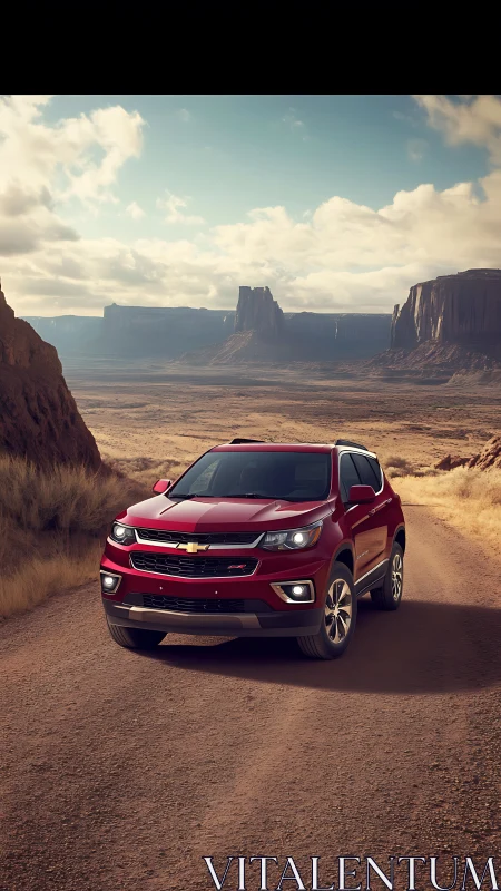 Crimson SUV wandering sunlit desert canyon roads together.