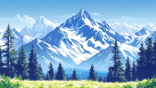 Snow-covered mountain range rises behind dense pine forest