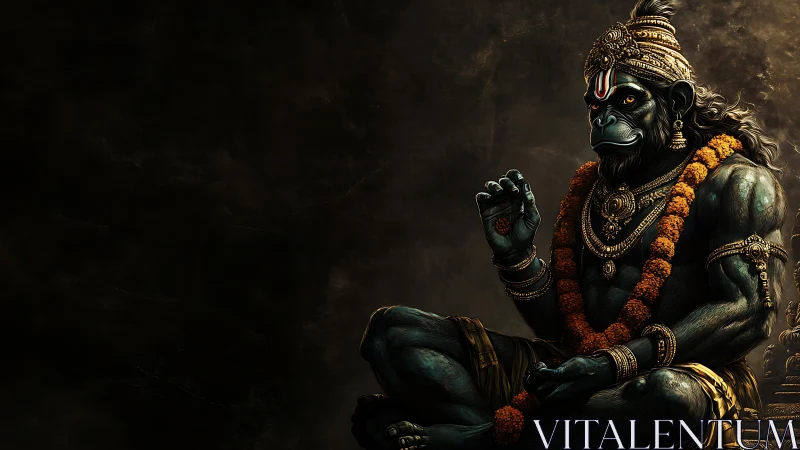 Serene simian deity in marigold garlands, carved from dusk.