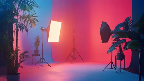 Studio backdrop with softbox lighting and potted plants.