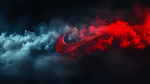 Red swoosh emerging through swirling tricolor smoke plume.