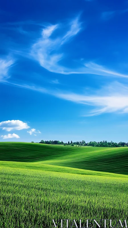 Rolling green fields rest peacefully beneath vivid blue skies