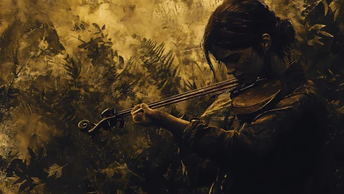 Young violinist plays alone against textured forest backdrop