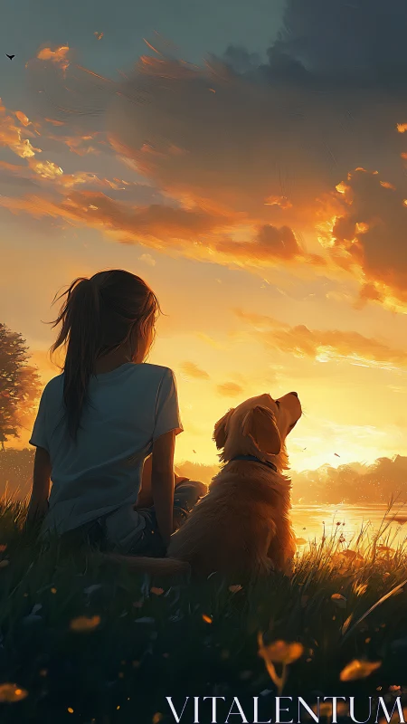 Girl and dog seated by lakeside under orange sunset sky.