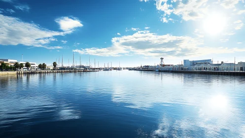 Calm urban marina with boats under clear blue sky.