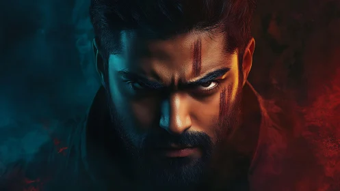Smoldering warrior portrait in split red and blue haze.