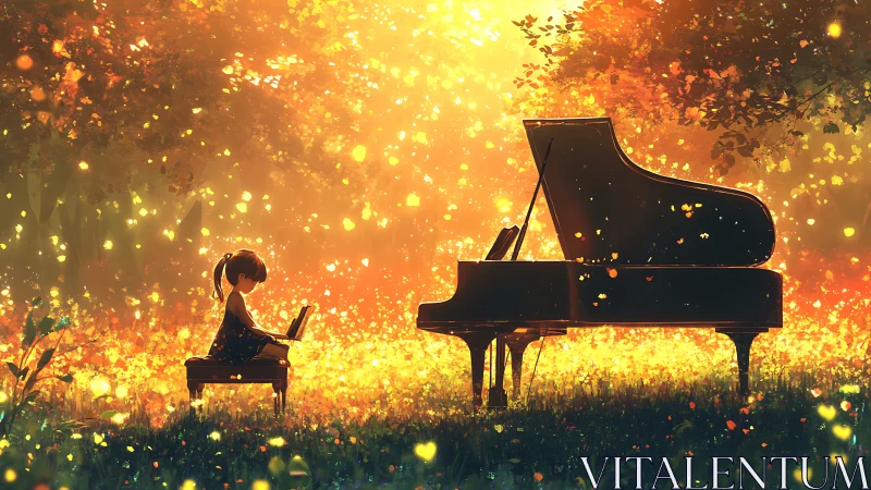 Backlit child pianist at grand piano in luminous forest glade