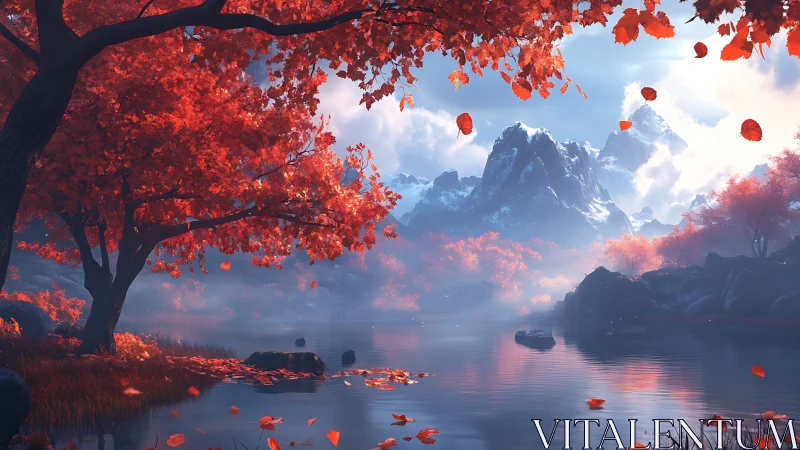 Crimson forest frames misty lake below snowcapped peaks.