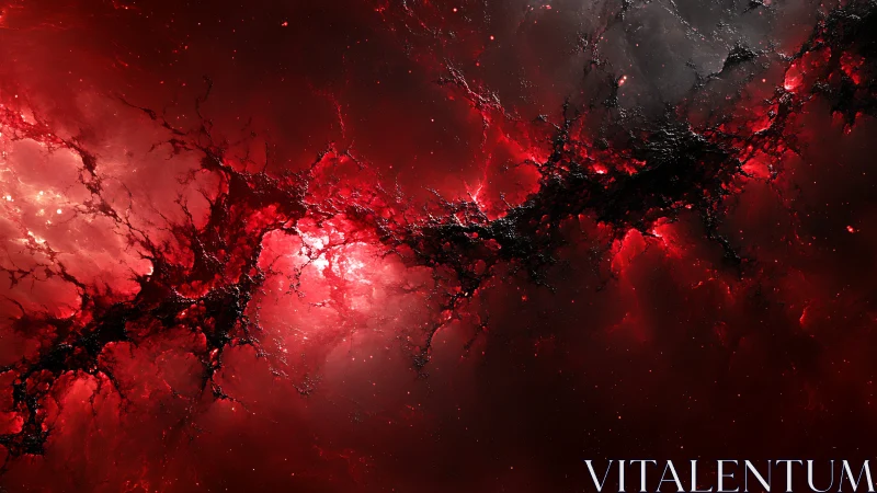 Red nebula field shows dark fractal filament across frame
