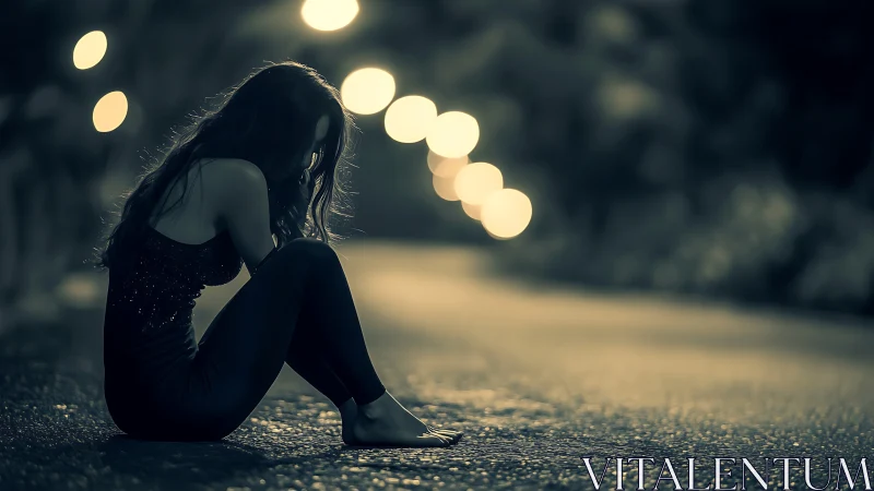 Solitary figure sits on roadway with defocused streetlights behind