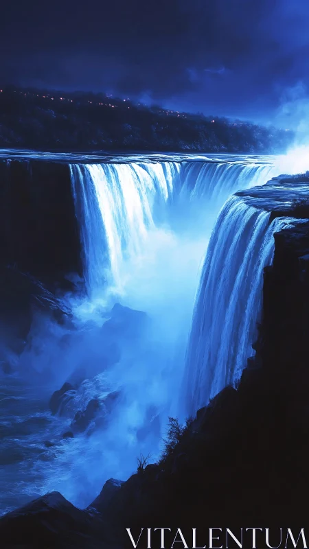Midnight torrent cascading over luminous blue falls.