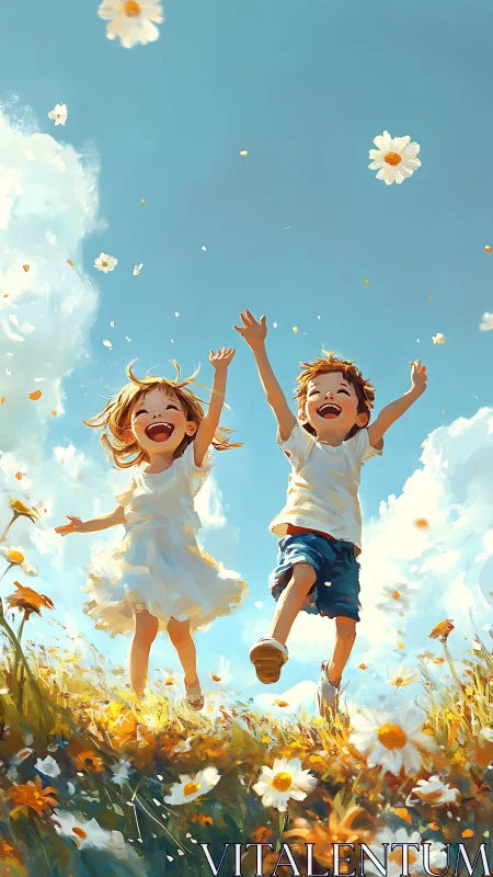 Two Children Joyfully Leaping Through a Sunny Daisy Meadow