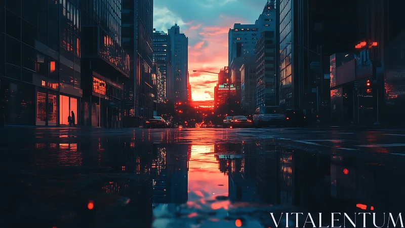 Neon-lit city street reflects blazing sunset after rain