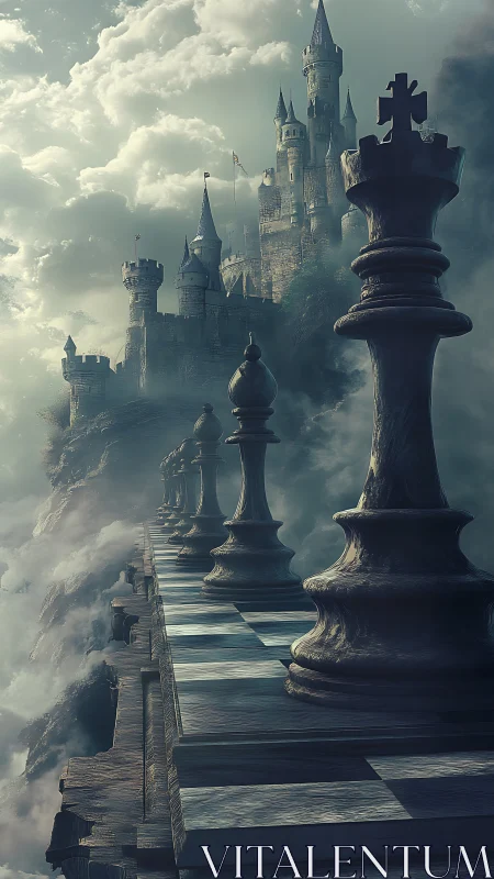 Cloudborne chess ramparts guard a brooding cliffside citadel.