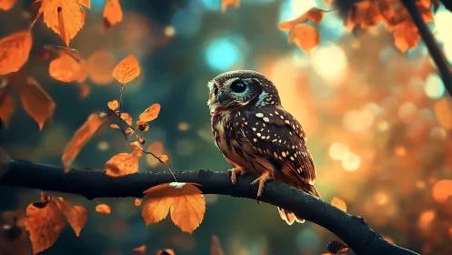 Spotted owl on autumn branch, dreamy bokeh wildlife photography.