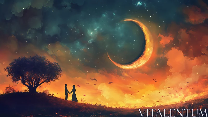 Couple Beneath Burning Crescent Moon.