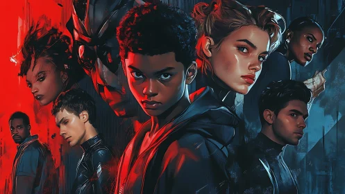 Ensemble of stylized young figures in split red blue setting.