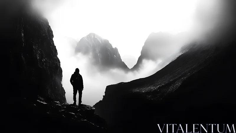 Solitary mountaineer silhouette in high-contrast misty pass.