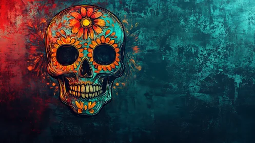 Floral sugar skull glows against textured teal and crimson haze