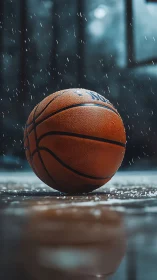 Hydrophobic basketball macro under rainfall on reflective court.