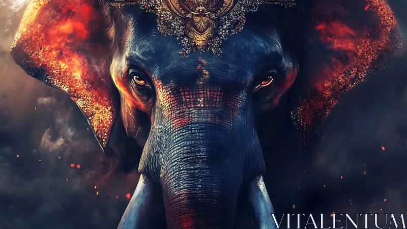 Regal war elephant portrait with ember-lit ornamental headdress