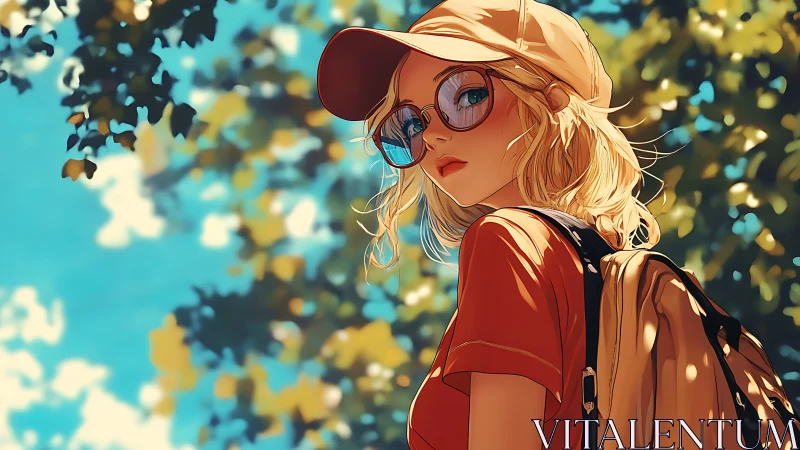 Blonde girl with backpack under sunlit green trees.