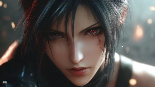 Scarred warrior girl with burning eyes in soft bokeh glow.