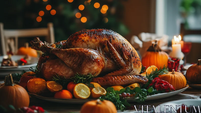 Golden holiday turkey glowing on a cozy candlelit table.