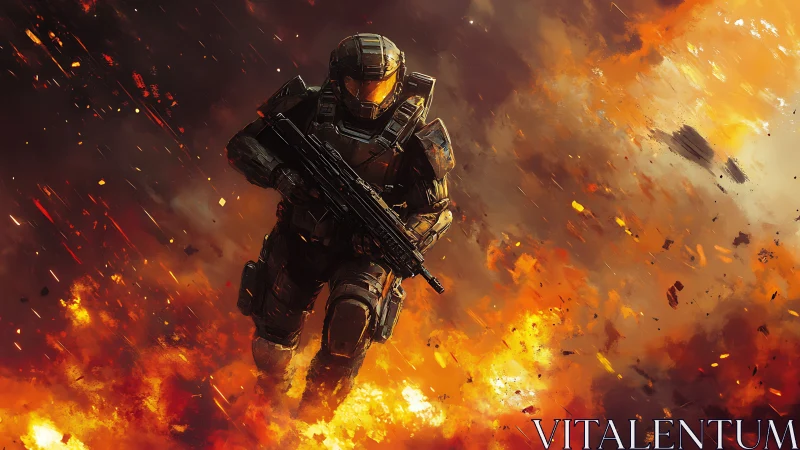 Armored sci fi soldier advancing through explosive inferno.