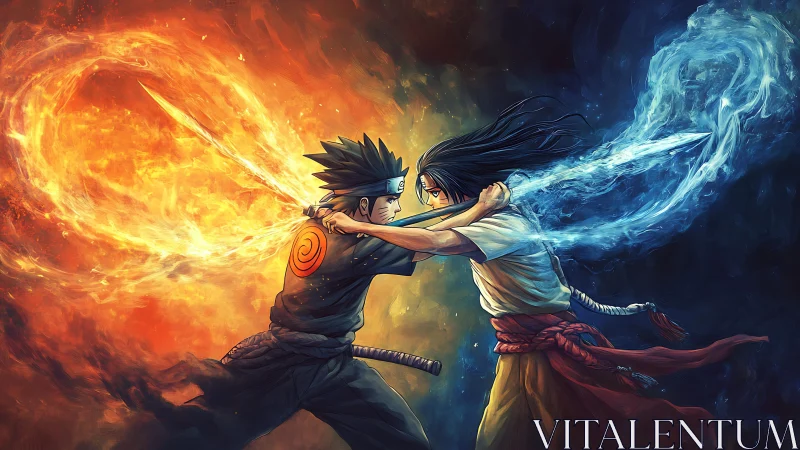 Two anime warriors clash with fire and water energy blades