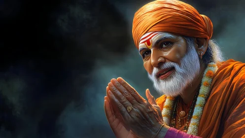 Digitally rendered Hindu elder in orange robes with folded hands