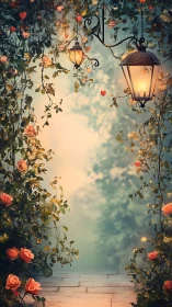 Lantern-lit rose passageway glowing with soft enchanted twilight.
