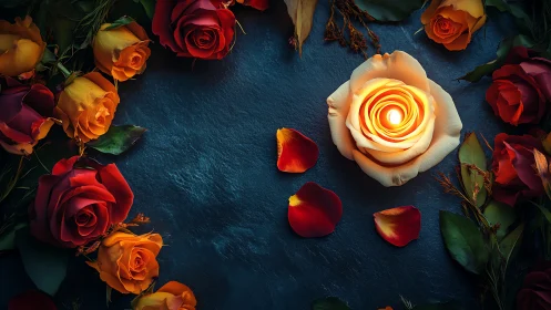 Illuminated White Rose Among Colorful Blooms on Blue Surface