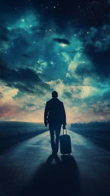 Silhouette walks alone with suitcase under luminous night sky