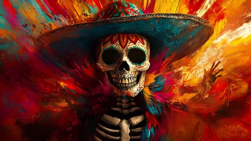 Calavera portrait in explosive chromatic Mexican festival palette