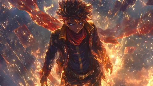 Fiery anime figure in glowing embers and swirling particles.