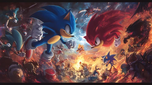 Epic Sonic and Knuckles battle scene with fiery backdrop.