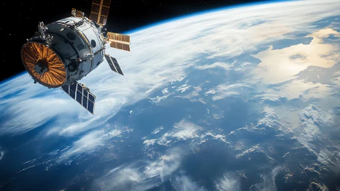 Orbital communication satellite above curved Earth limb in daylight