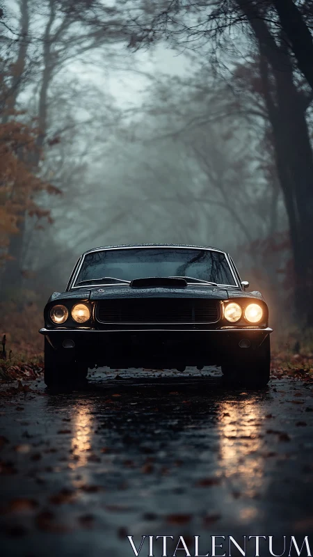Moody muscle car haunts a rain-slick forest road at dusk.