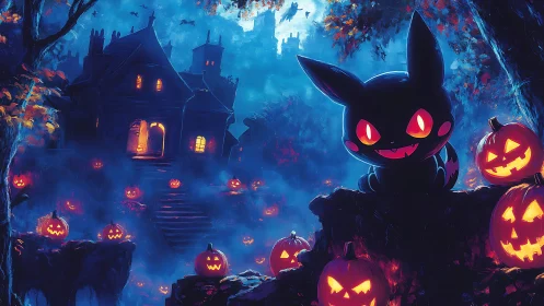 Cartoon creature and pumpkins occupy foggy mansion grounds