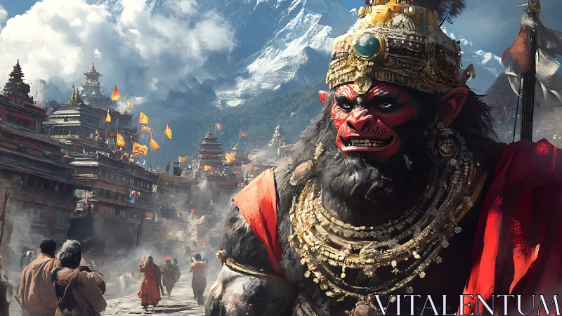 Demonic warrior deity towers over crowded mountain city.