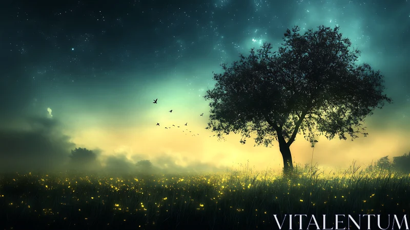 Lone tree overlooks glowing meadow under starry twilight sky
