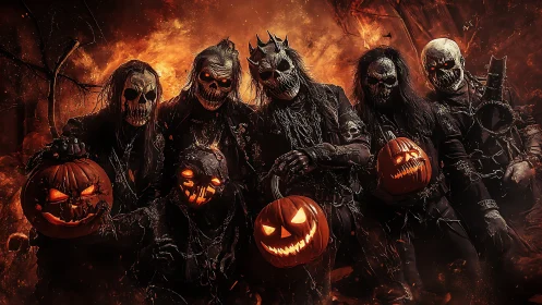 Masked figures with jack o lanterns in fiery Halloween scene.