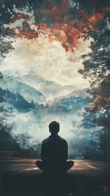 Solitary seated figure facing layered misty mountain vista.