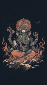 Divine elephant-headed deity rendered in glowing firelit lines.
