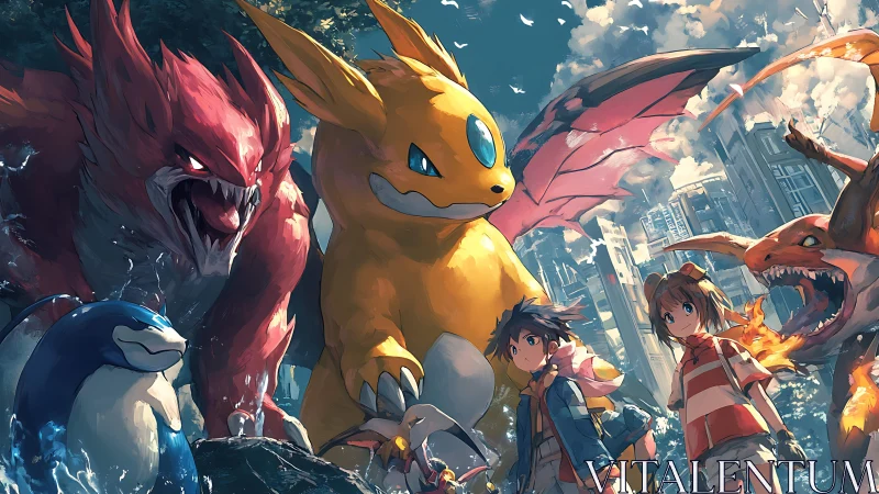 Colossal elemental beasts guarding kids in shattered cityscape.