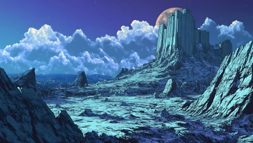 Moonlit alien mesas rise beneath stormy sapphire clouds.